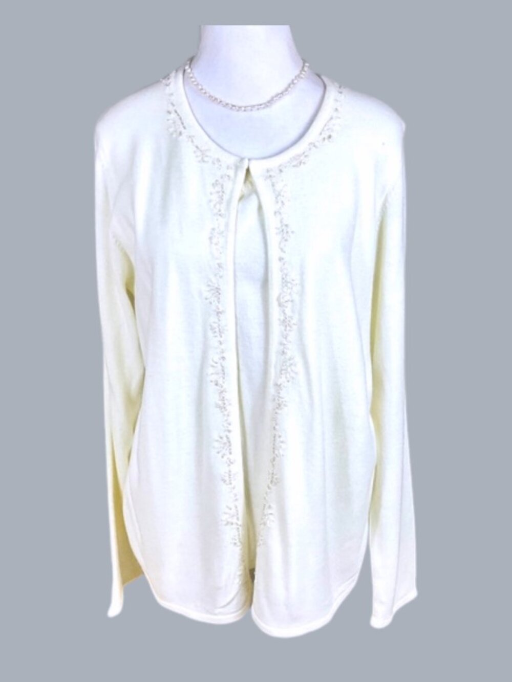Croft & Barrow Sweater Cardigan Beaded Attached Vest Ivory (XL)